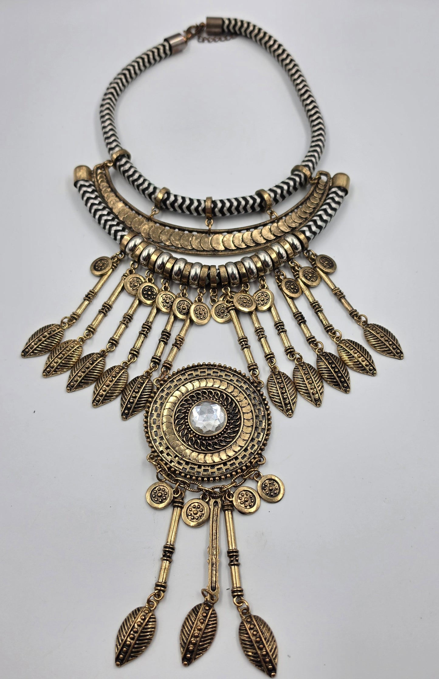 16"-18.5" Antiqued Gold Tone Bohemian Style Layered Cord/Hanging Coin Dangles/Intricate Metalwork Statement Necklace