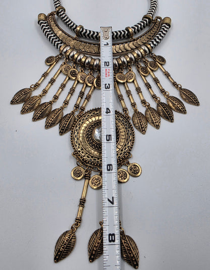 16"-18.5" Antiqued Gold Tone Bohemian Style Layered Cord/Hanging Coin Dangles/Intricate Metalwork Statement Necklace