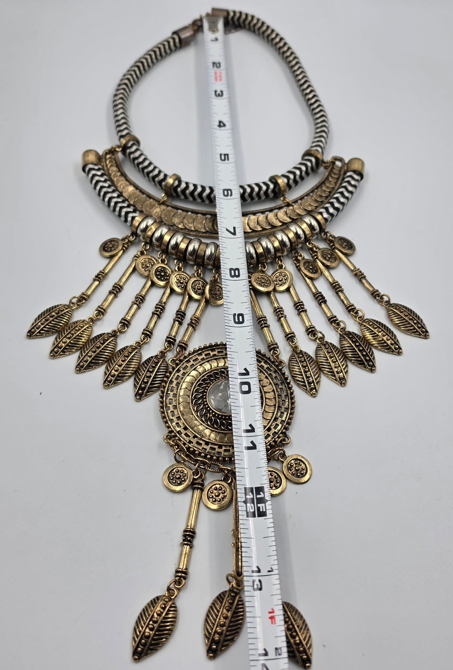 16"-18.5" Antiqued Gold Tone Bohemian Style Layered Cord/Hanging Coin Dangles/Intricate Metalwork Statement Necklace
