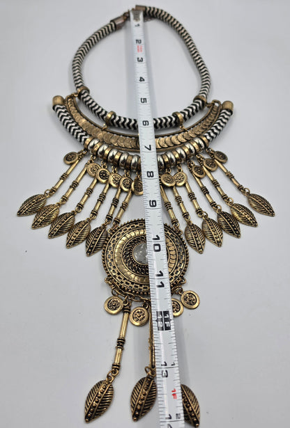 16"-18.5" Antiqued Gold Tone Bohemian Style Layered Cord/Hanging Coin Dangles/Intricate Metalwork Statement Necklace