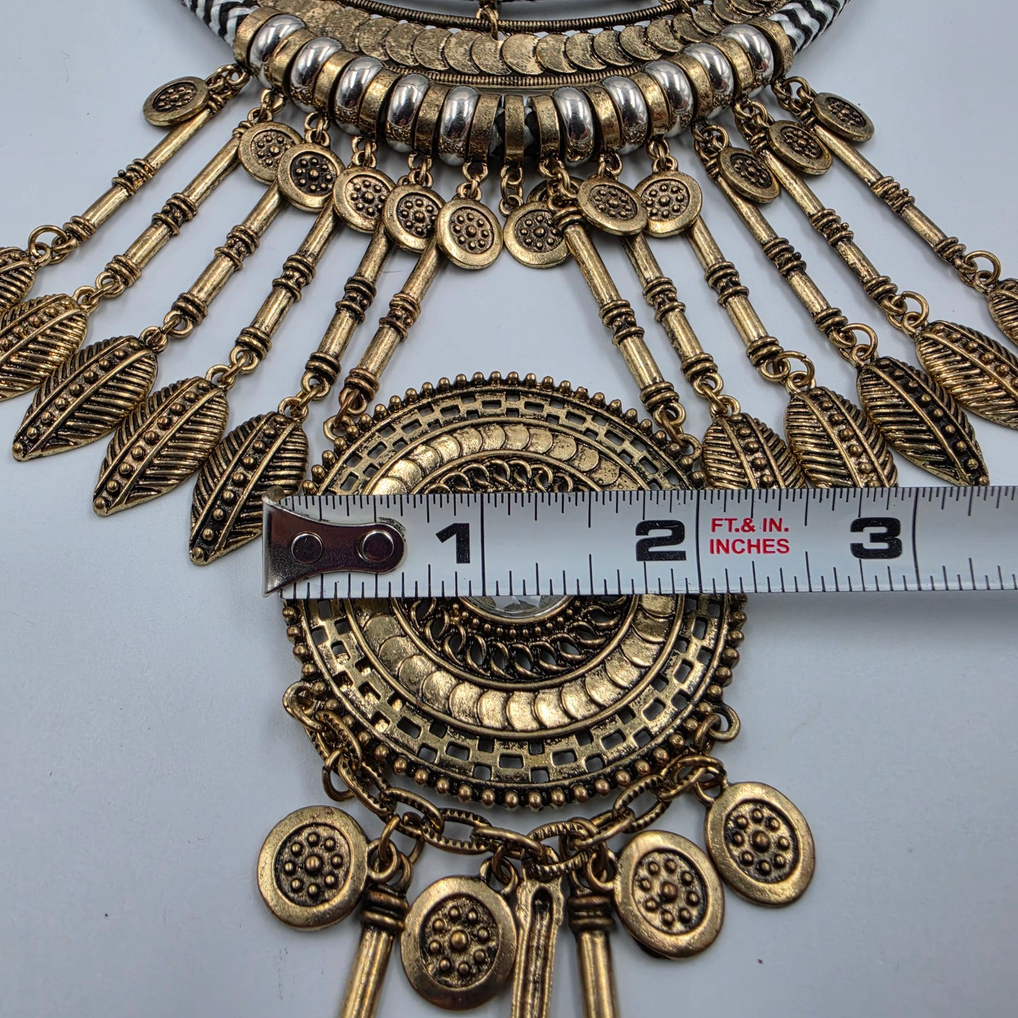 16"-18.5" Antiqued Gold Tone Bohemian Style Layered Cord/Hanging Coin Dangles/Intricate Metalwork Statement Necklace