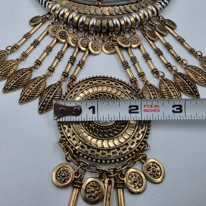 16"-18.5" Antiqued Gold Tone Bohemian Style Layered Cord/Hanging Coin Dangles/Intricate Metalwork Statement Necklace