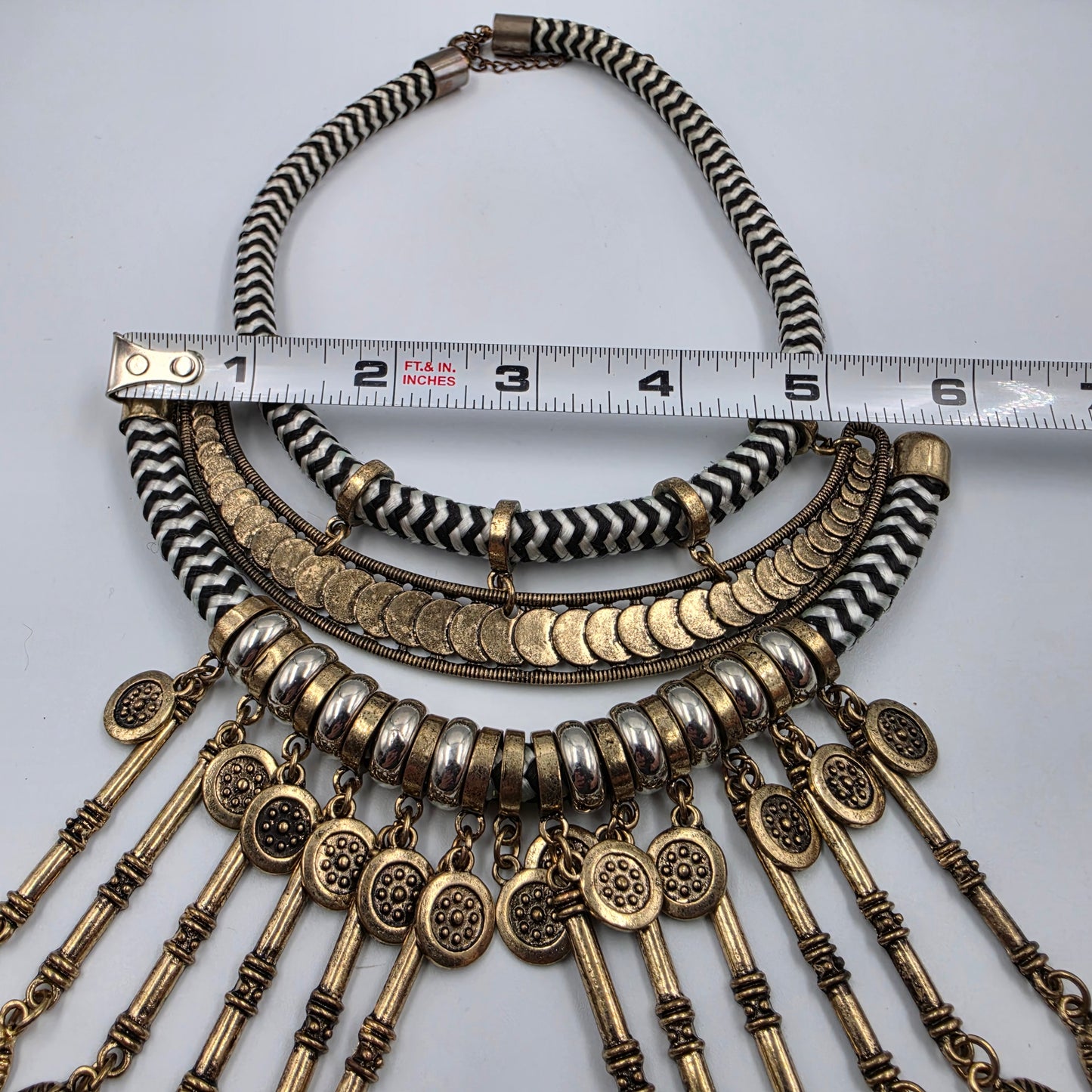 16"-18.5" Antiqued Gold Tone Bohemian Style Layered Cord/Hanging Coin Dangles/Intricate Metalwork Statement Necklace
