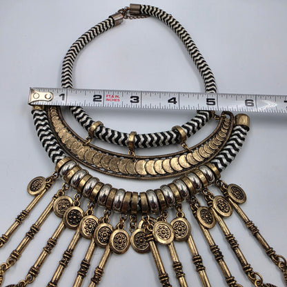 16"-18.5" Antiqued Gold Tone Bohemian Style Layered Cord/Hanging Coin Dangles/Intricate Metalwork Statement Necklace