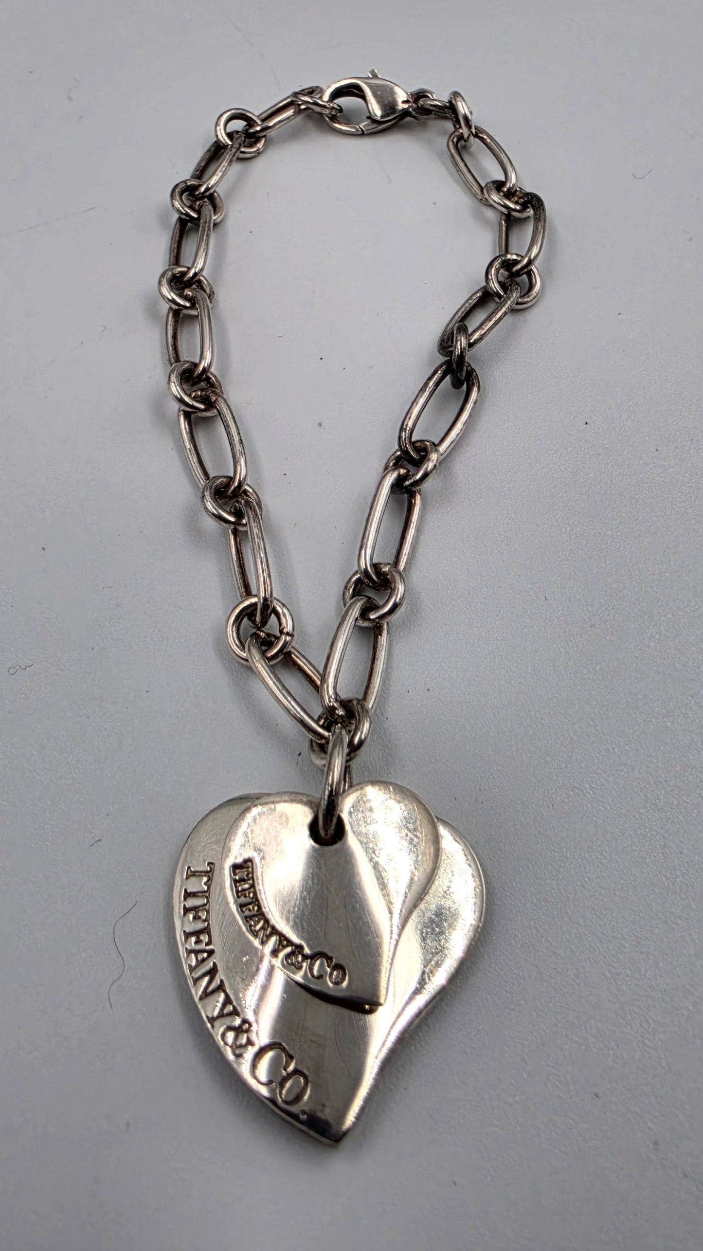 TIFFANY & CO. Genuine Sterling Silver Double Floating Heart 7.5" Bracelet