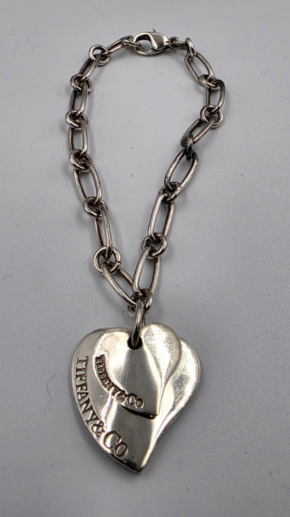 TIFFANY & CO. Genuine Sterling Silver Double Floating Heart 7.5" Bracelet