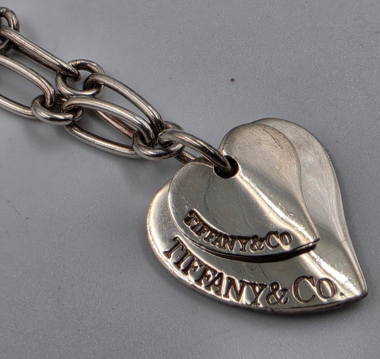 TIFFANY & CO. Genuine Sterling Silver Double Floating Heart 7.5" Bracelet