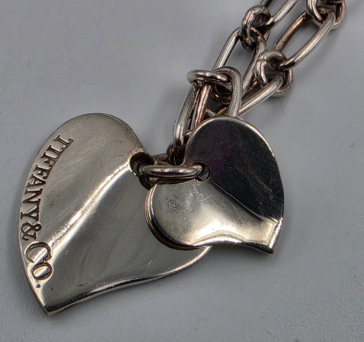 TIFFANY & CO. Genuine Sterling Silver Double Floating Heart 7.5" Bracelet