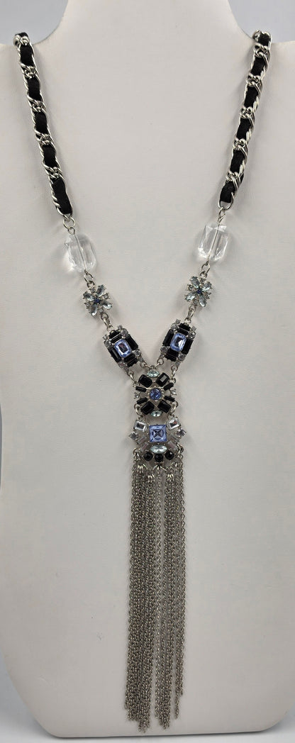 22.5"-25.5" Clear/Blue Rhinestone/ Weaved Cord Silver Tone Y Necklace