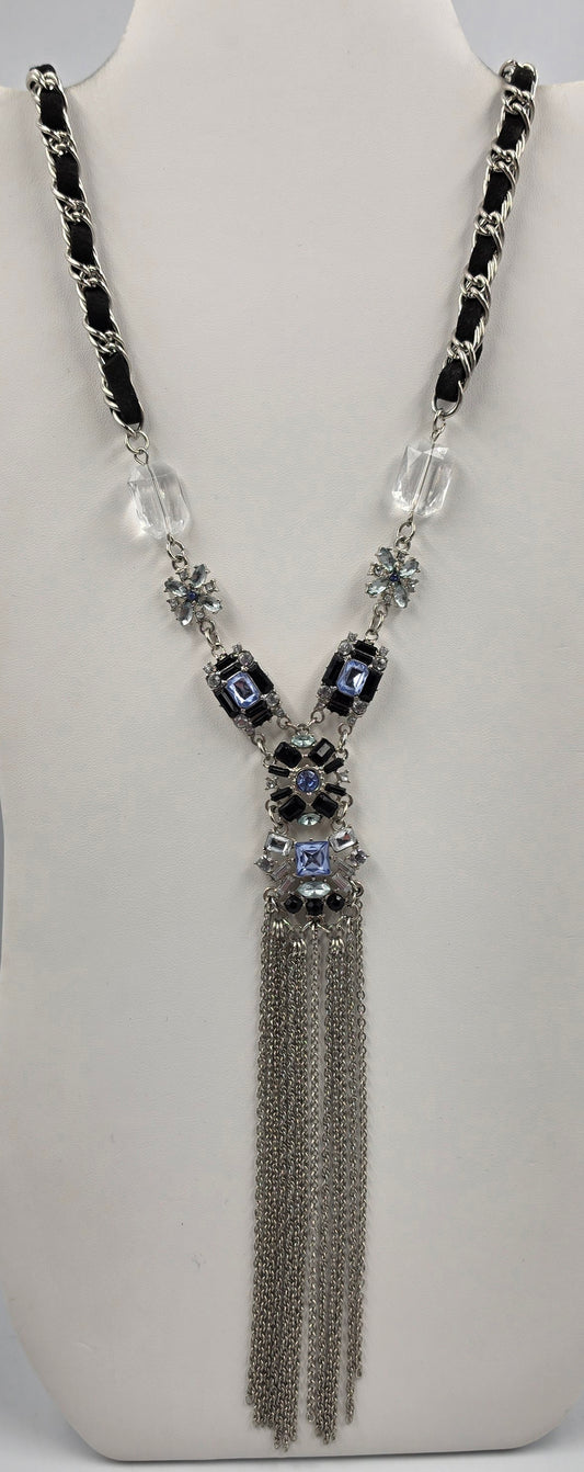 22.5"-25.5" Clear/Blue Rhinestone/ Weaved Cord Silver Tone Y Necklace