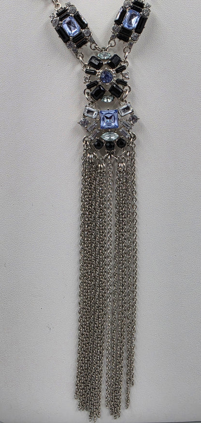 22.5"-25.5" Clear/Blue Rhinestone/ Weaved Cord Silver Tone Y Necklace