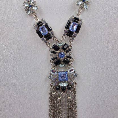 22.5"-25.5" Clear/Blue Rhinestone/ Weaved Cord Silver Tone Y Necklace