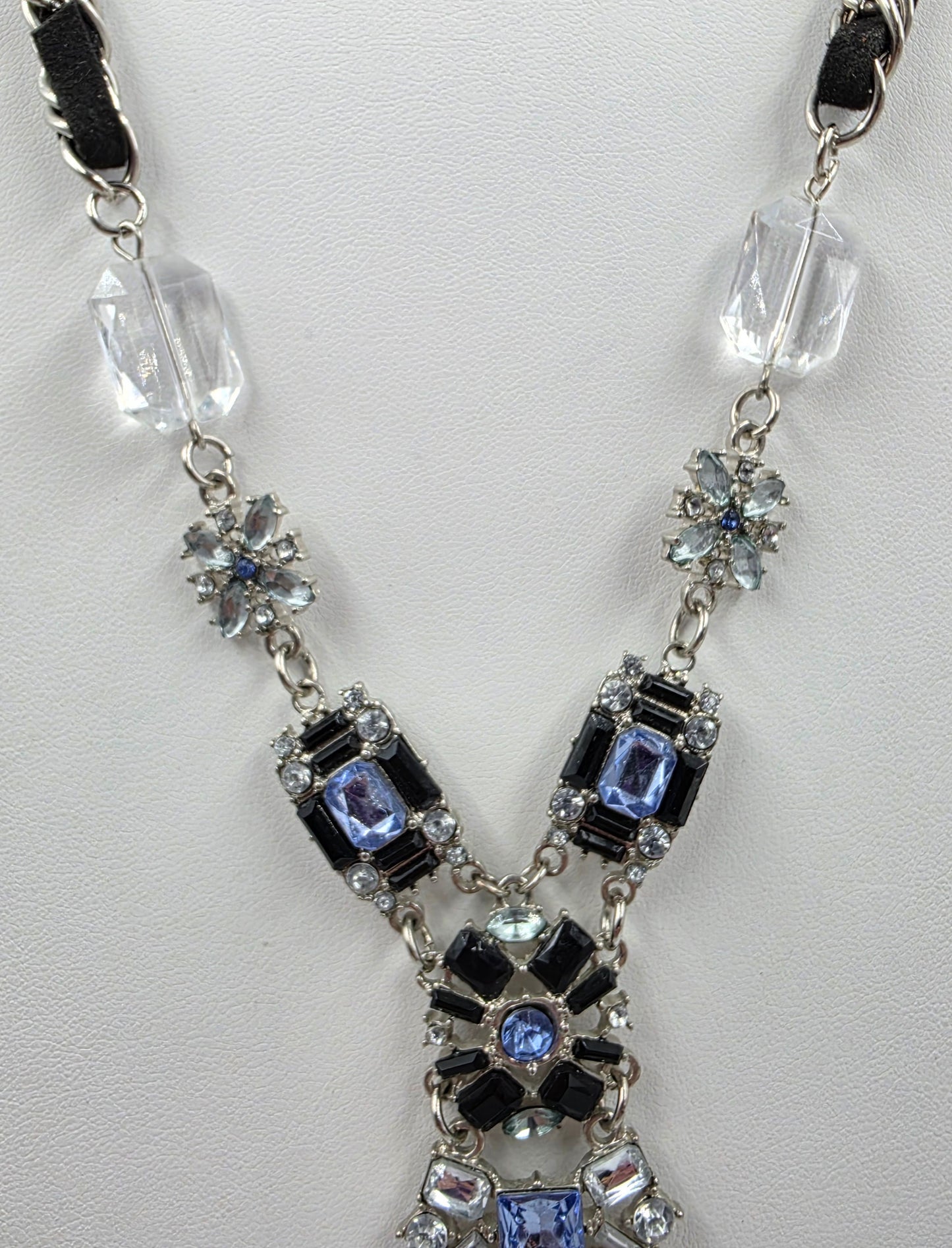 22.5"-25.5" Clear/Blue Rhinestone/ Weaved Cord Silver Tone Y Necklace