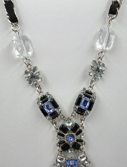 22.5"-25.5" Clear/Blue Rhinestone/ Weaved Cord Silver Tone Y Necklace