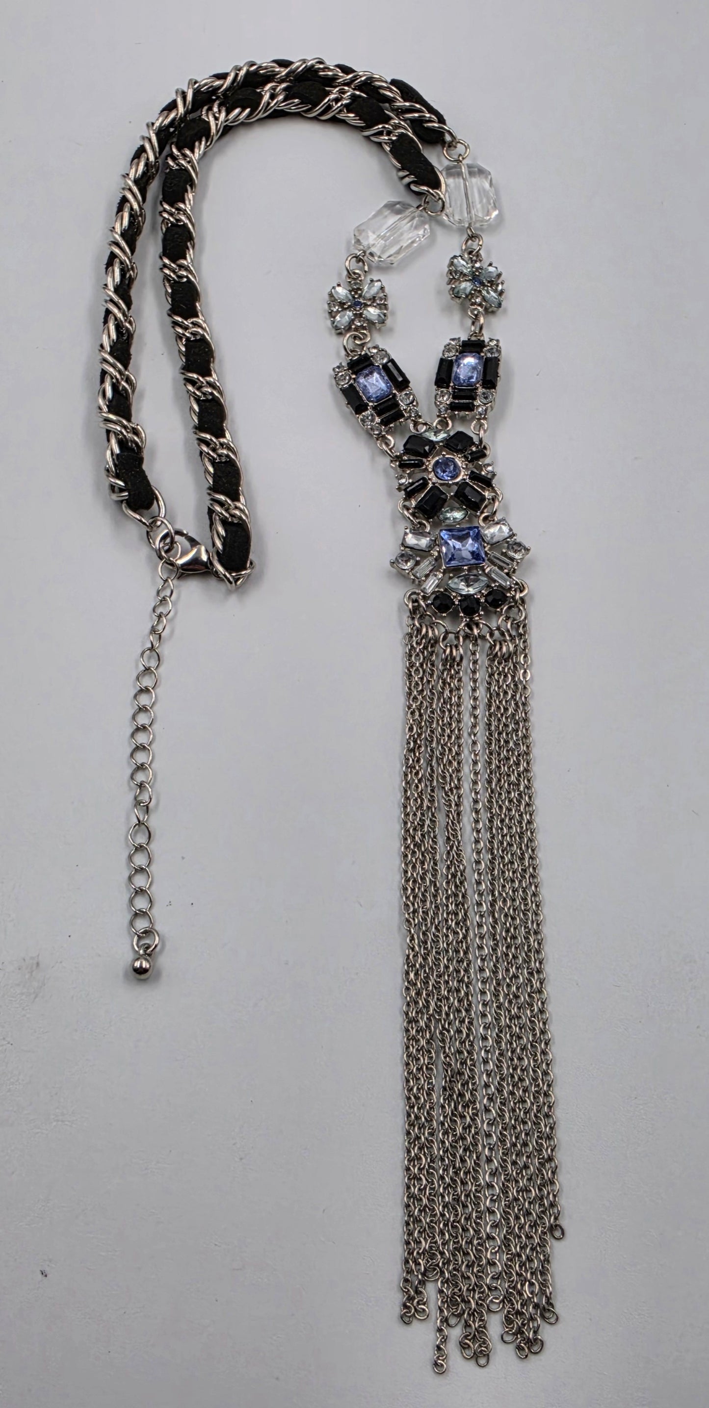 22.5"-25.5" Clear/Blue Rhinestone/ Weaved Cord Silver Tone Y Necklace