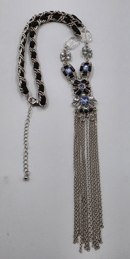 22.5"-25.5" Clear/Blue Rhinestone/ Weaved Cord Silver Tone Y Necklace