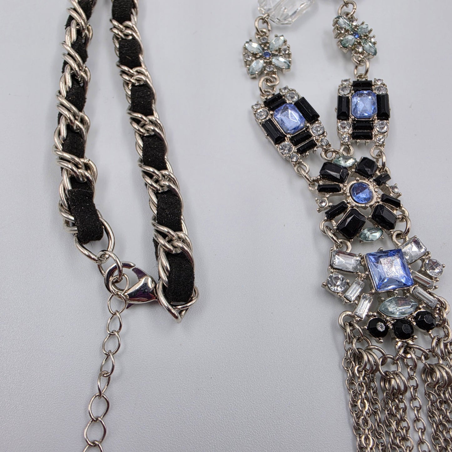 22.5"-25.5" Clear/Blue Rhinestone/ Weaved Cord Silver Tone Y Necklace