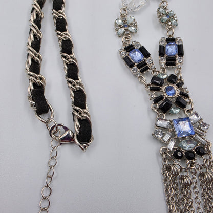 22.5"-25.5" Clear/Blue Rhinestone/ Weaved Cord Silver Tone Y Necklace