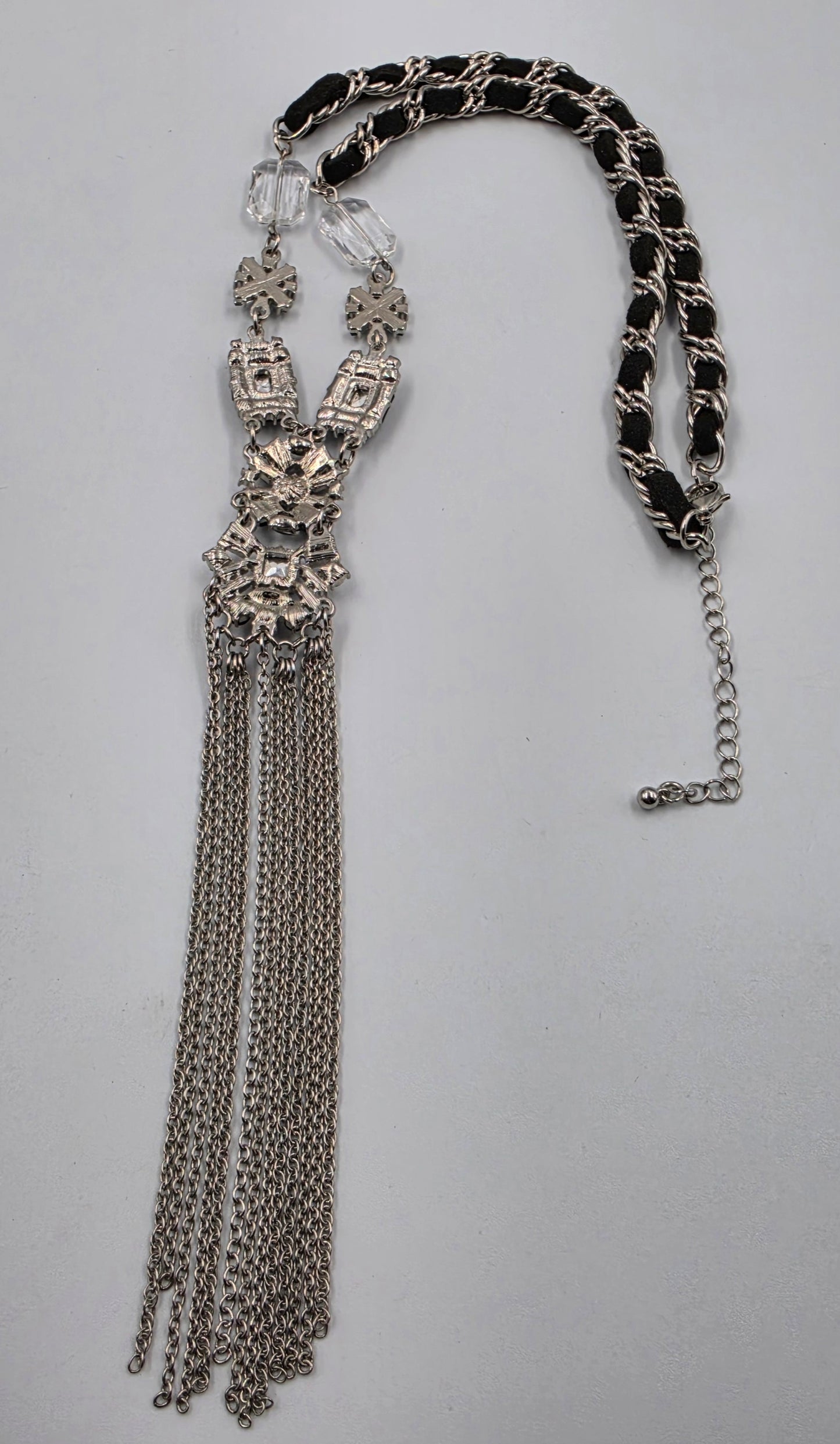 22.5"-25.5" Clear/Blue Rhinestone/ Weaved Cord Silver Tone Y Necklace