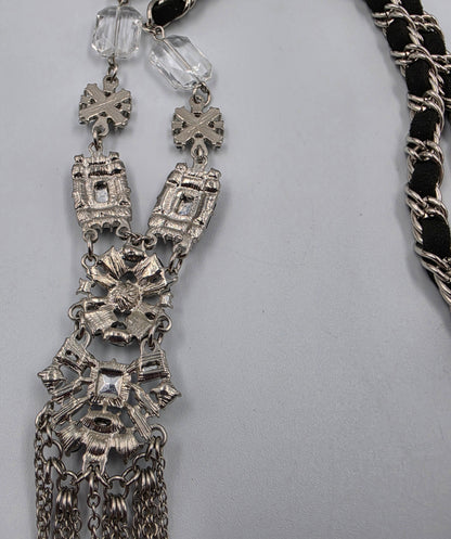 22.5"-25.5" Clear/Blue Rhinestone/ Weaved Cord Silver Tone Y Necklace