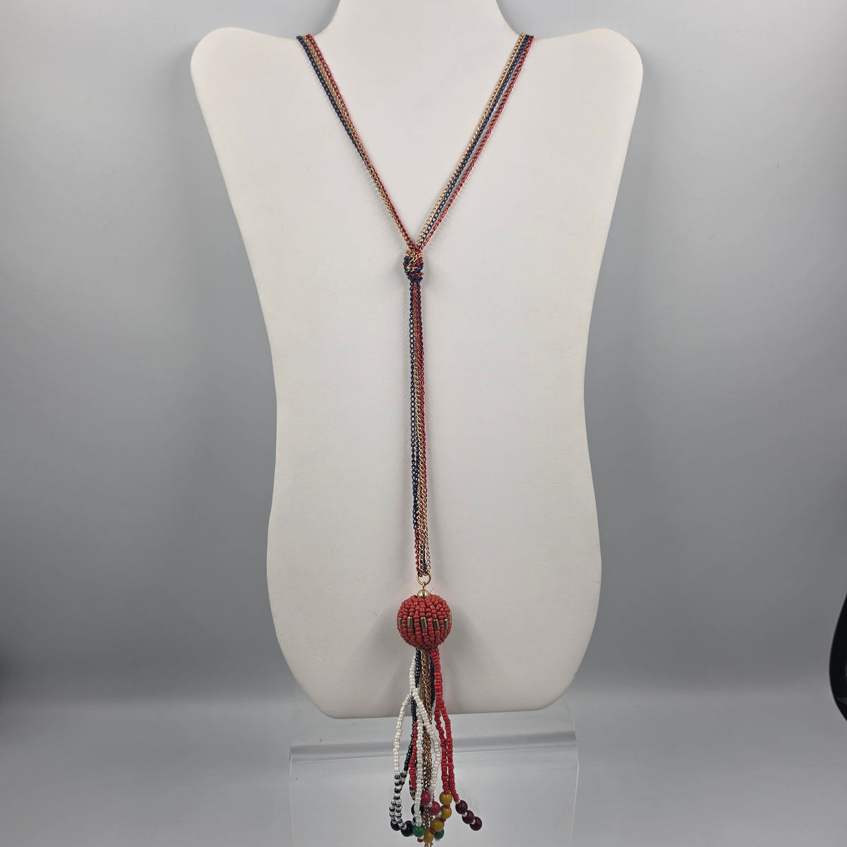 30" Gold/Blue/Red Chain/ Seed Bead Tassel Necklace