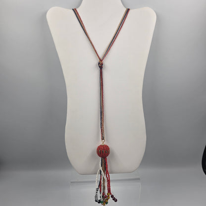 30" Gold/Blue/Red Chain/ Seed Bead Tassel Necklace