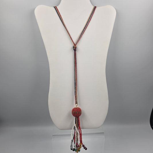 30" Gold/Blue/Red Chain/ Seed Bead Tassel Necklace