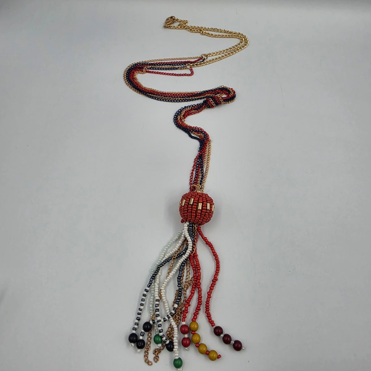 30" Gold/Blue/Red Chain/ Seed Bead Tassel Necklace
