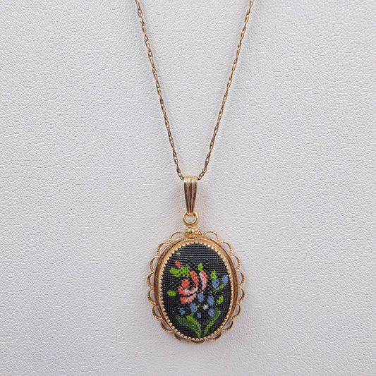AMCO Vintage 1950's Petit Point Floral/14k Gold Filled 18" Necklace