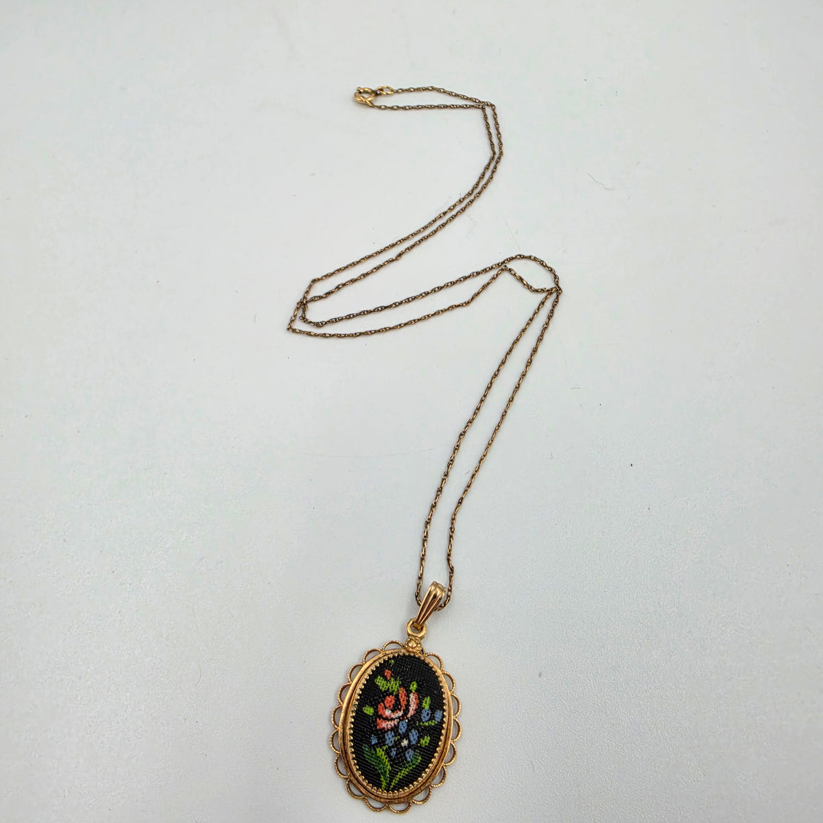 AMCO Vintage 1950's Petit Point Floral/14k Gold Filled 18" Necklace