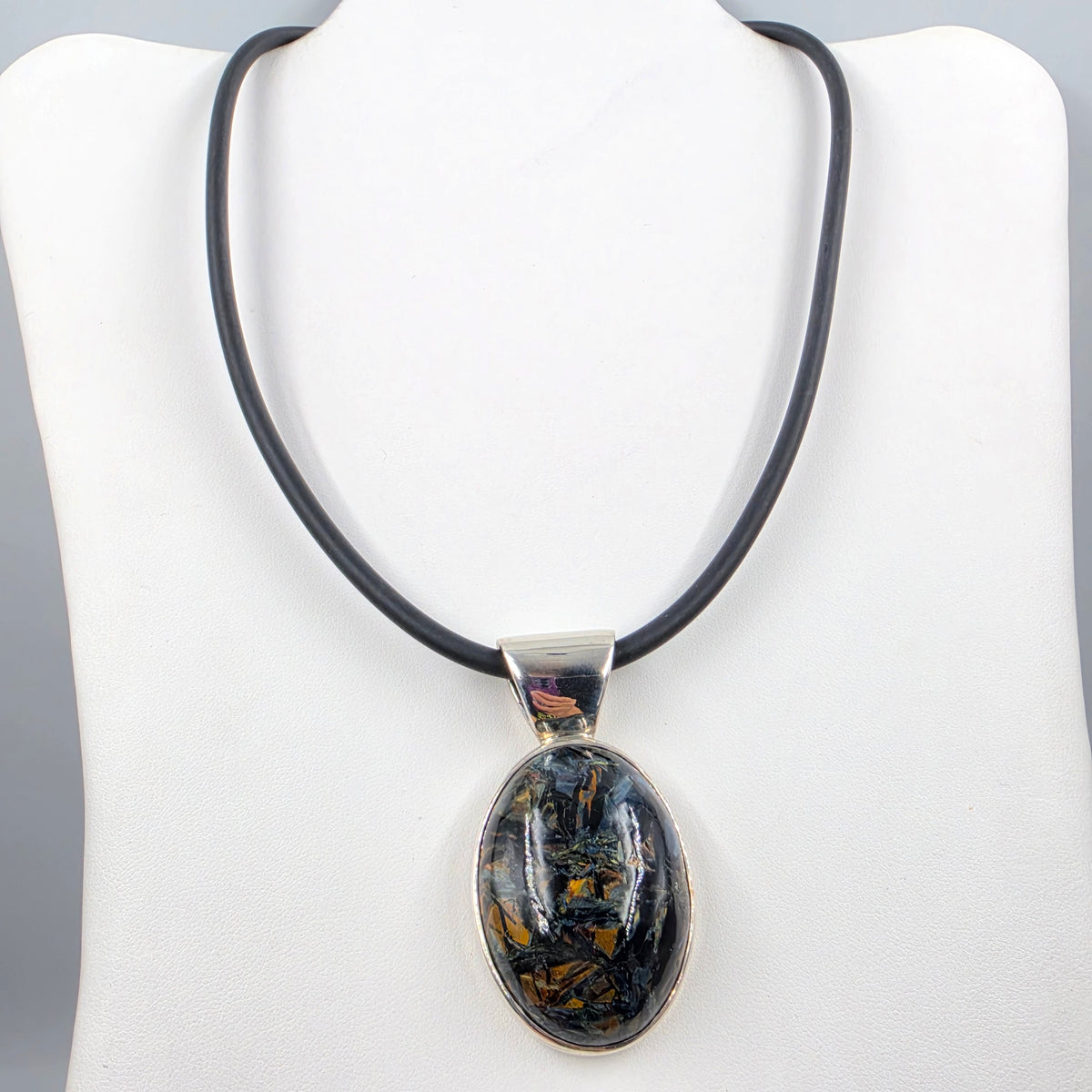 18" Black Cord/Sterling Silver Pietersite Cabochon Pendant Necklace