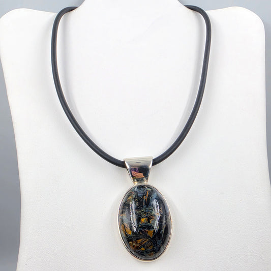 18" Black Cord/Sterling Silver Pietersite Cabochon Pendant Necklace