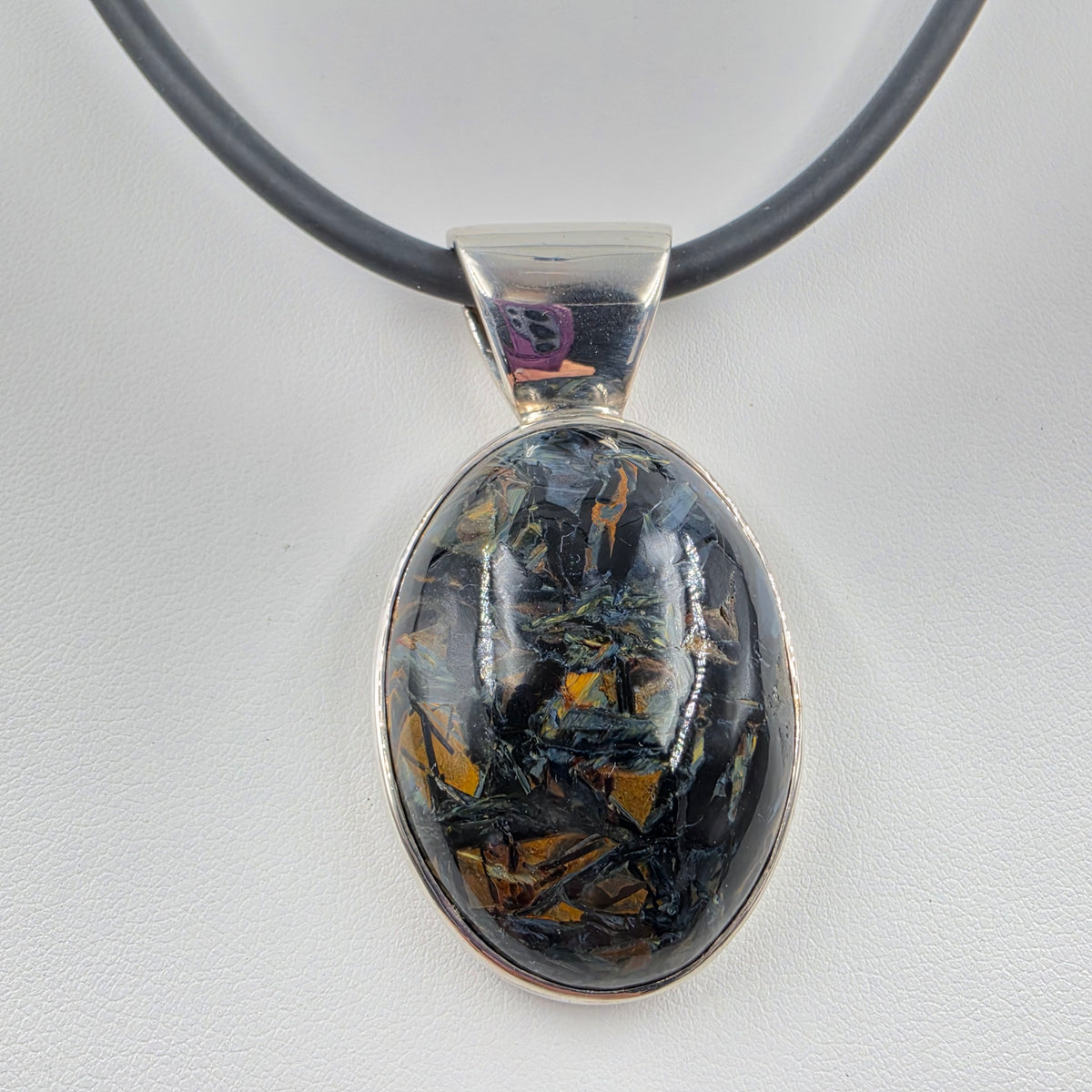 18" Black Cord/Sterling Silver Pietersite Cabochon Pendant Necklace