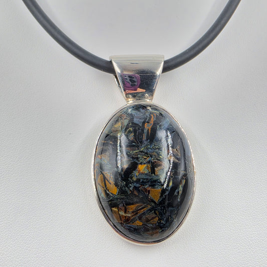 18" Black Cord/Sterling Silver Pietersite Cabochon Pendant Necklace