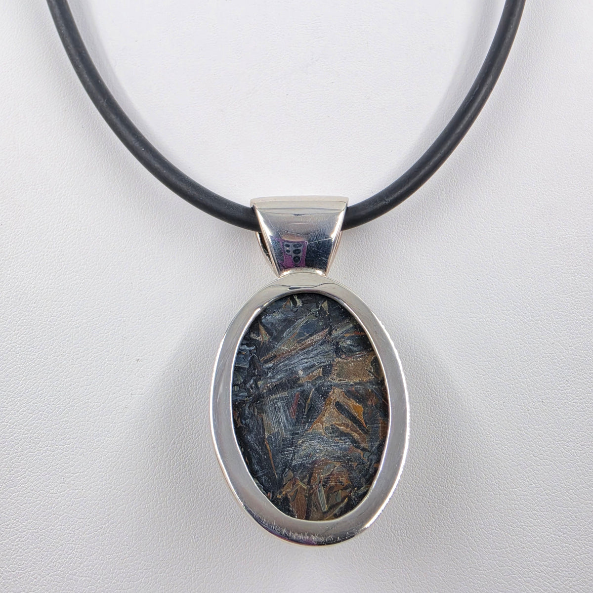 18" Black Cord/Sterling Silver Pietersite Cabochon Pendant Necklace