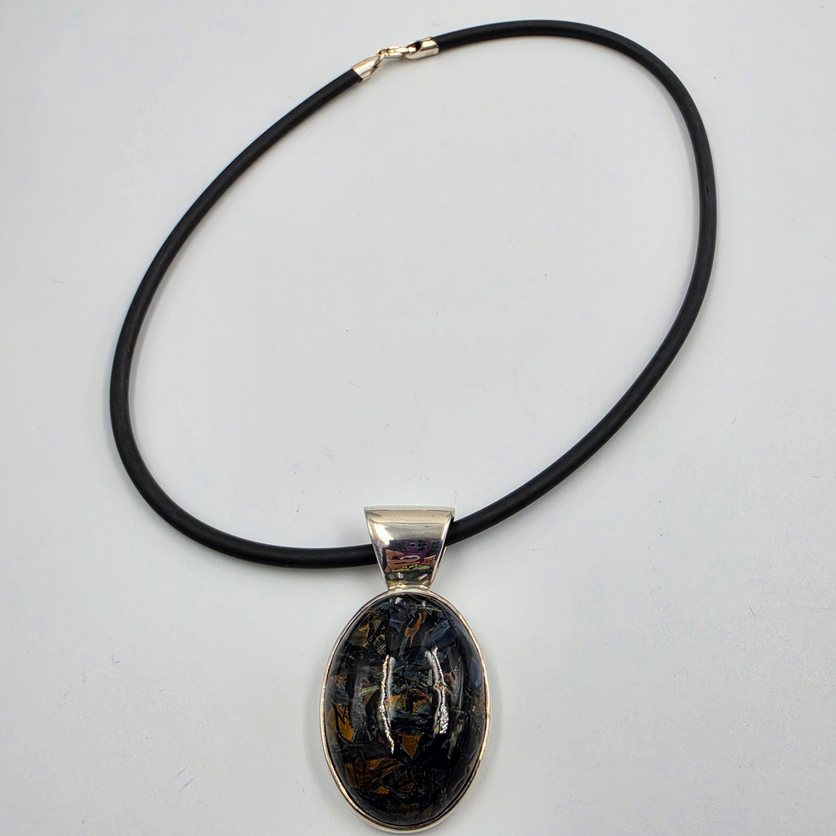 18" Black Cord/Sterling Silver Pietersite Cabochon Pendant Necklace