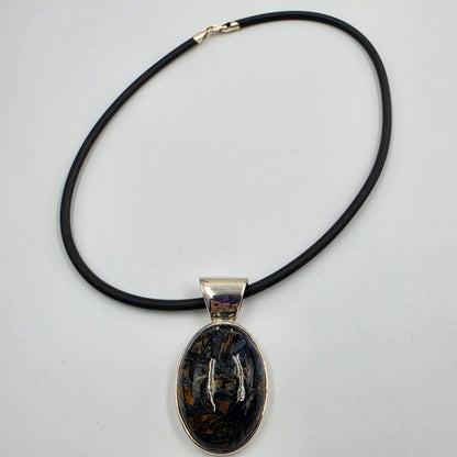 18" Black Cord/Sterling Silver Pietersite Cabochon Pendant Necklace