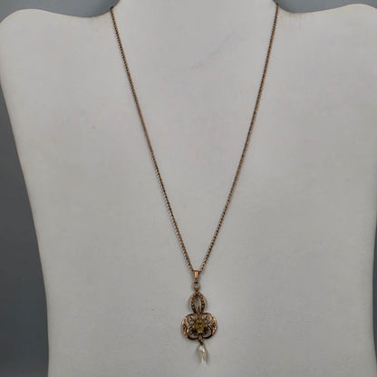 10k Antique 1890-1910 Rose Gold/Pearl/ Openwork Lavalier Pendant On 17" Chain Necklace