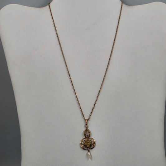 10k Antique 1890-1910 Rose Gold/Pearl/ Openwork Lavalier Pendant On 17" Chain Necklace