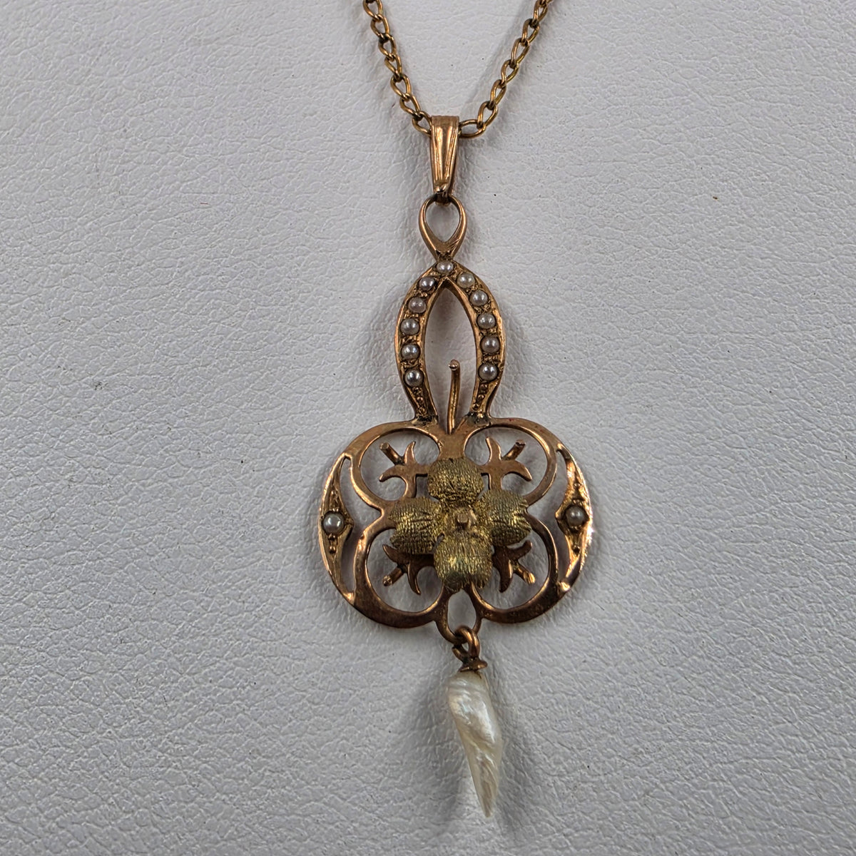 10k Antique 1890-1910 Rose Gold/Pearl/ Openwork Lavalier Pendant On 17" Chain Necklace