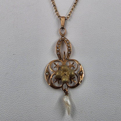 10k Antique 1890-1910 Rose Gold/Pearl/ Openwork Lavalier Pendant On 17" Chain Necklace