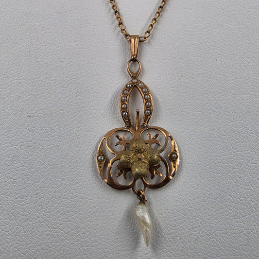 10k Antique 1890-1910 Rose Gold/Pearl/ Openwork Lavalier Pendant On 17" Chain Necklace