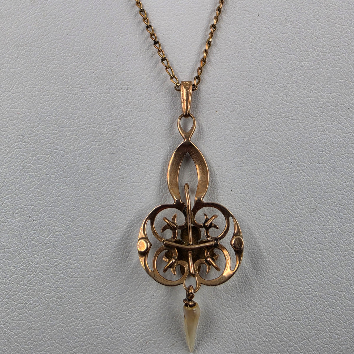 10k Antique 1890-1910 Rose Gold/Pearl/ Openwork Lavalier Pendant On 17" Chain Necklace