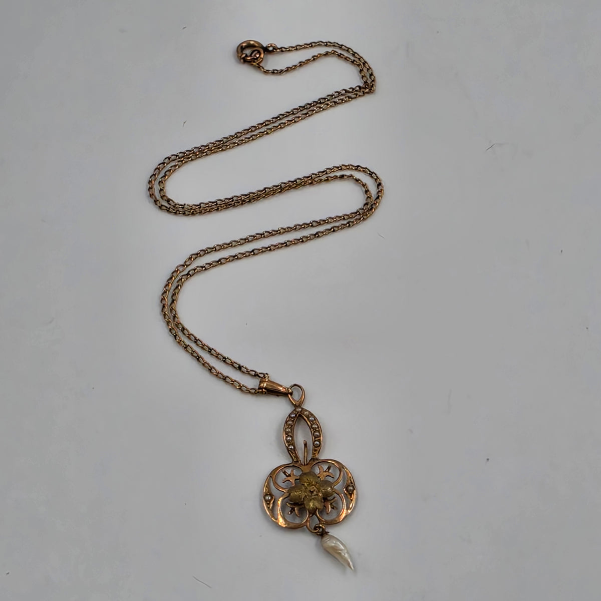 10k Antique 1890-1910 Rose Gold/Pearl/ Openwork Lavalier Pendant On 17" Chain Necklace