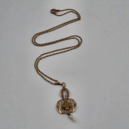 10k Antique 1890-1910 Rose Gold/Pearl/ Openwork Lavalier Pendant On 17" Chain Necklace