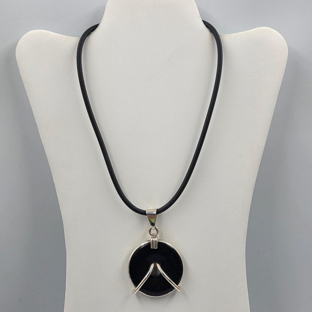 18" Black Rubber Cord/Sterling Silver/Blue Goldstone Necklace