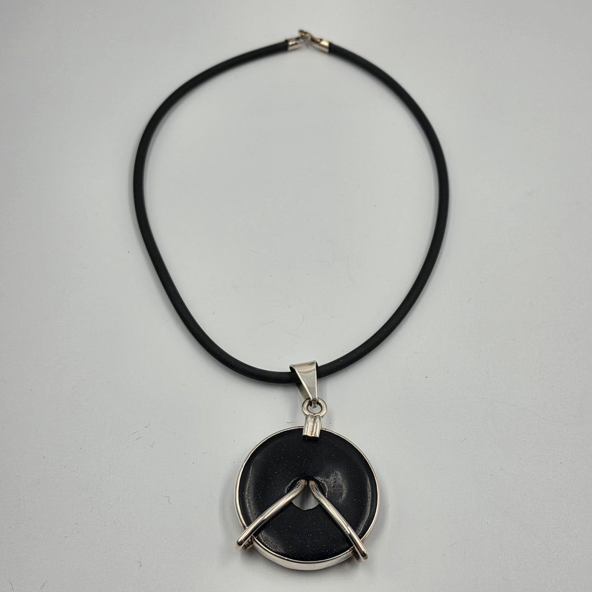 18" Black Rubber Cord/Sterling Silver/Blue Goldstone Necklace