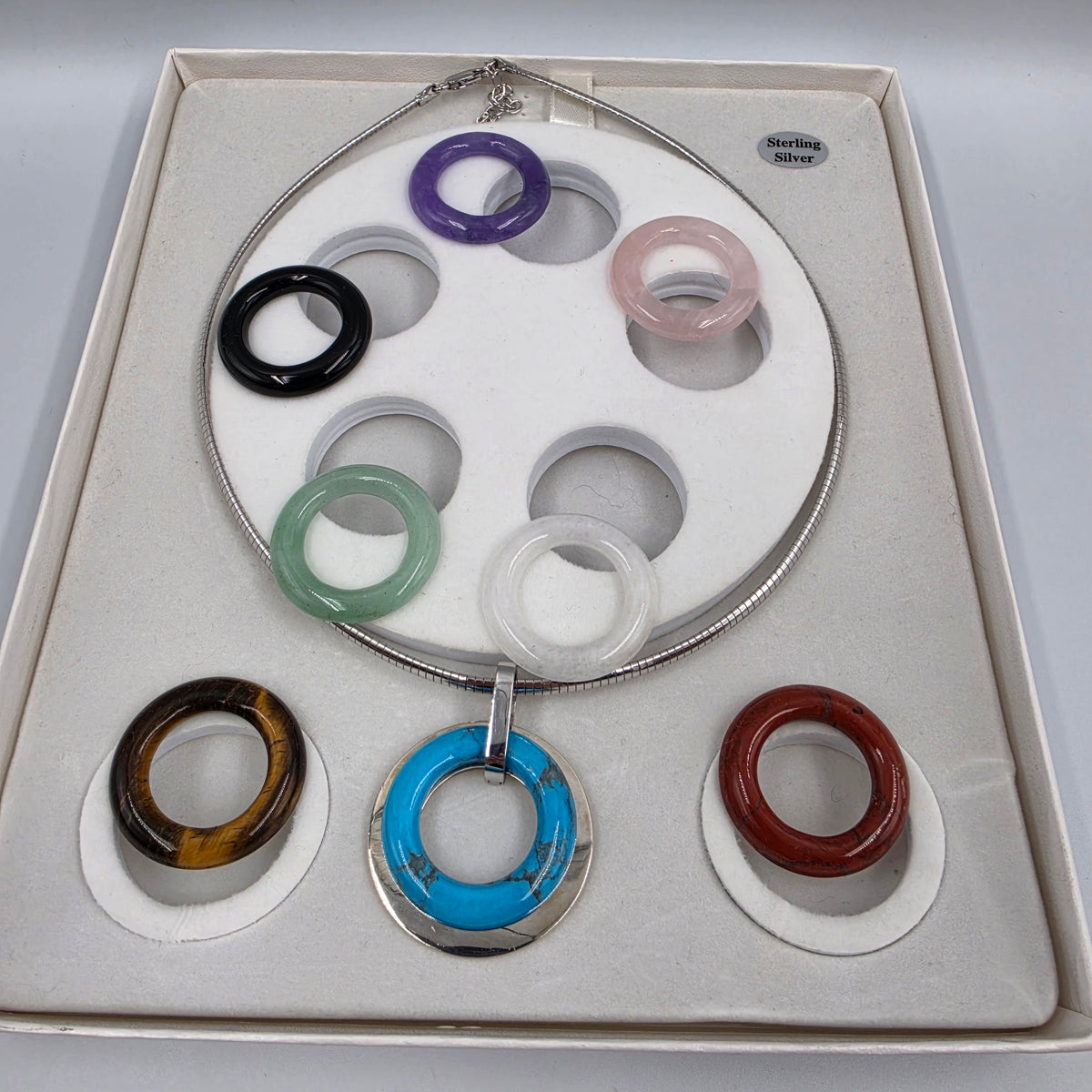 Vintage Circle Of Life/Sterling Silver/Turquoise/Jasper/Onyx/Quartz/Tigers Eye 16"-18" Collar Necklace
