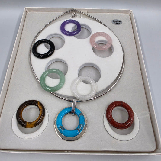 Vintage Circle Of Life/Sterling Silver/Turquoise/Jasper/Onyx/Quartz/Tigers Eye 16"-18" Collar Necklace