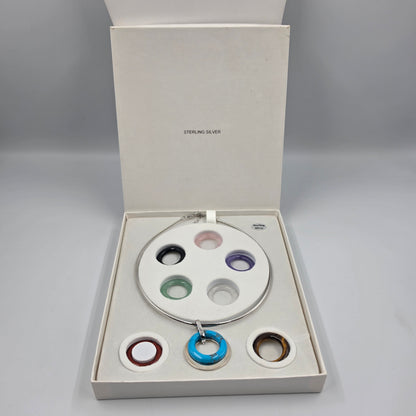 Vintage Circle Of Life/Sterling Silver/Turquoise/Jasper/Onyx/Quartz/Tigers Eye 16"-18" Collar Necklace